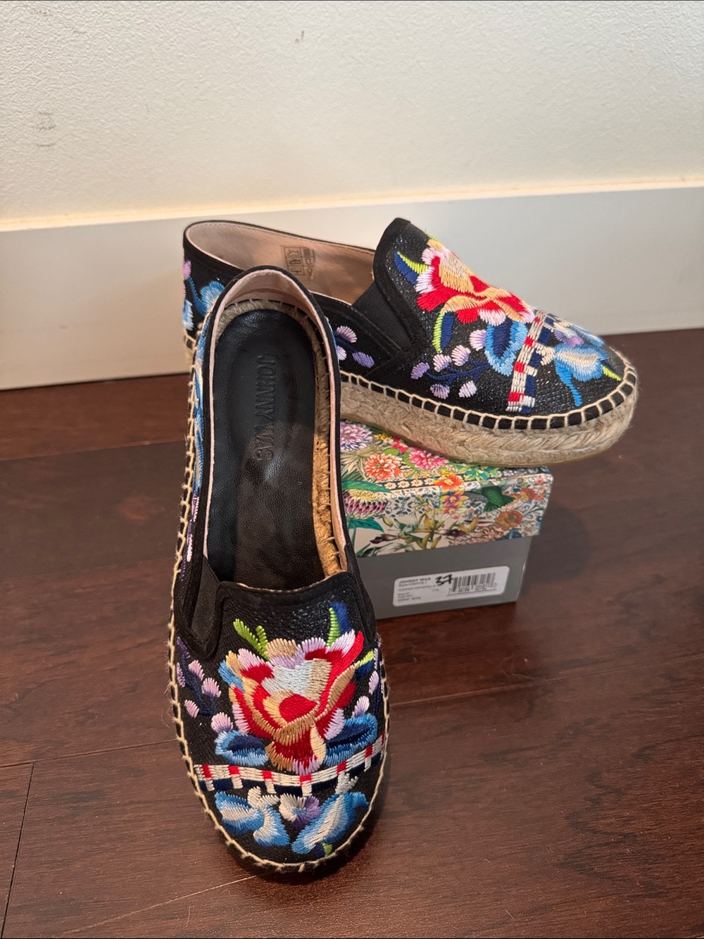 Johnny Was Black Floral Embroidered Espadrille Flats